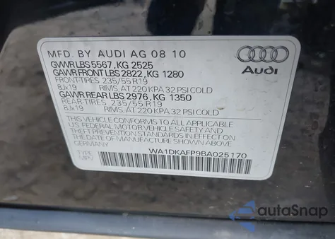 2011 Audi Q5 3.2 Premium Plus from USA, damaged, VIN WA1DKAFP9BA025170